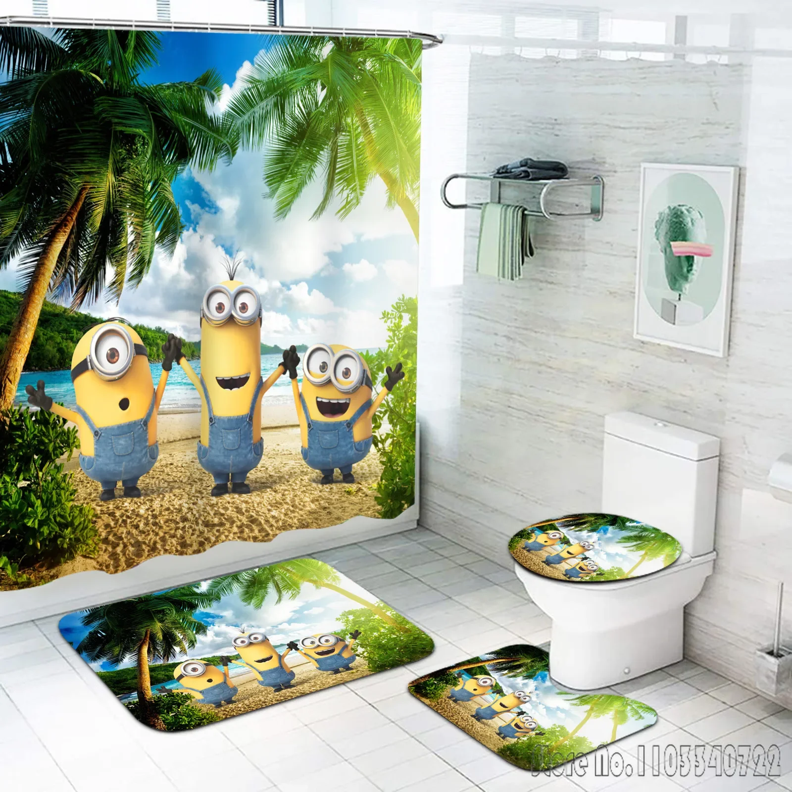 Фото Детский набор для ванной с аниме-персонажами M-Minions: шторка для душа (4 предмета) с крючками, водонепроницаемый коврик для туалета, декор для крышки унитаза №1