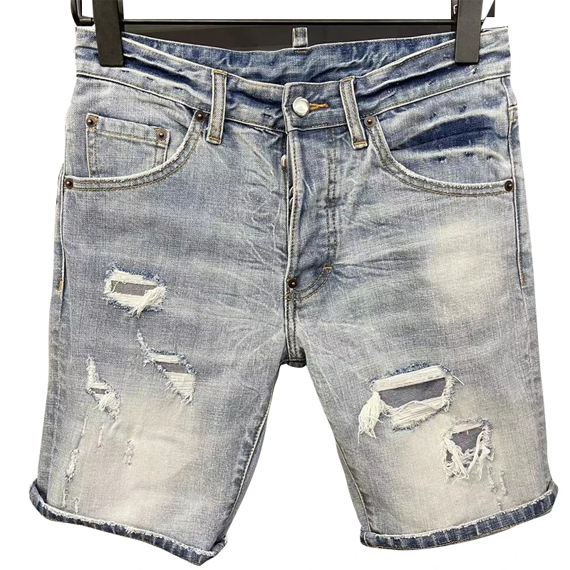2022NEW Starbags  four season jeans men's model shorts letter leather logo hole hip hop punk slim fit solid elastic Italian