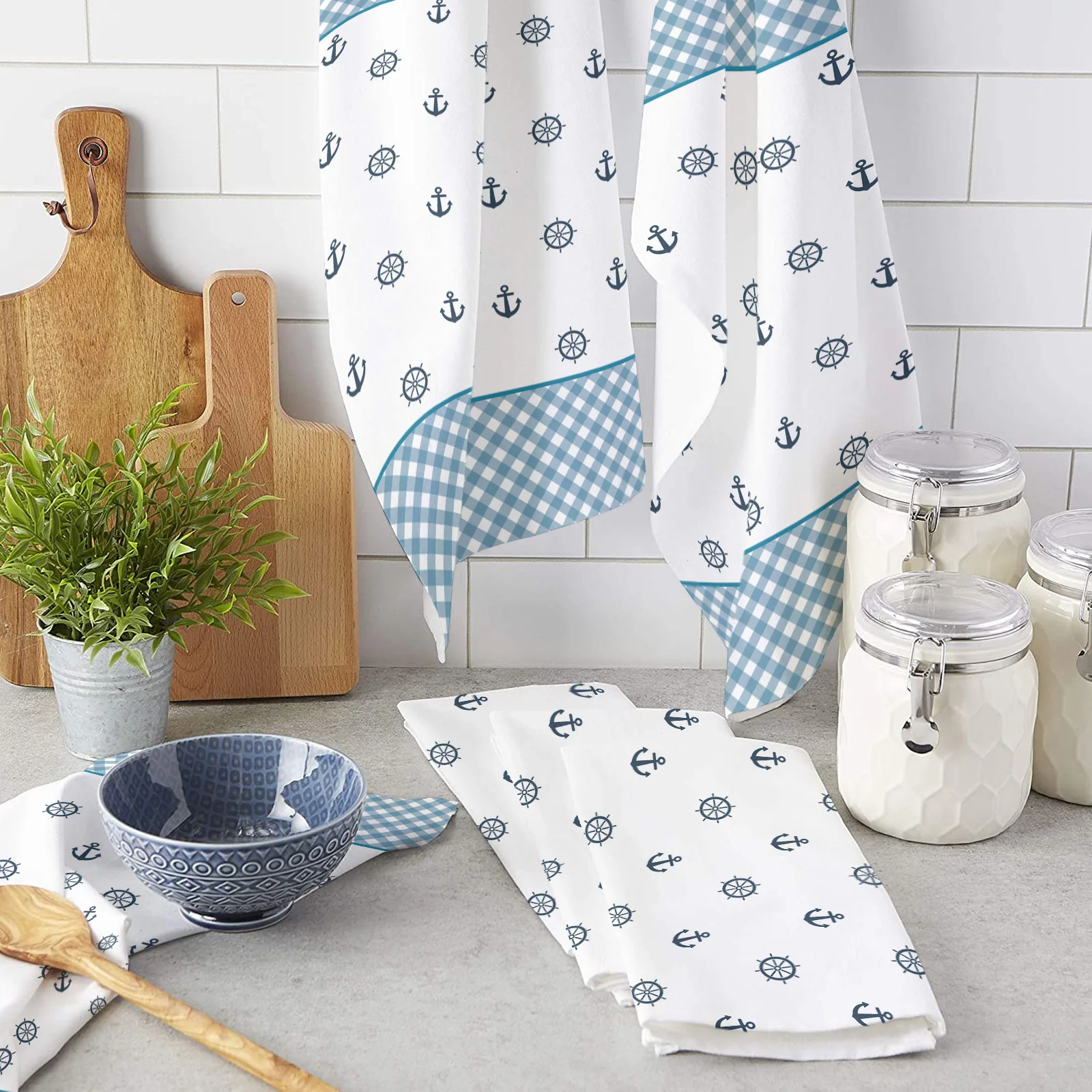 

Anchor Rudder Plaid Microfiber Kitchen Hand Towel Dish Cloth Tableware Household Cleaning Towel Utensils for Kitchen