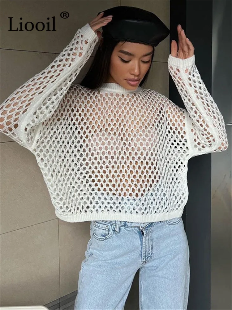 Liooil черно-белый вязаный Топ с вырезами Женская свободная футболка уличная одежда
