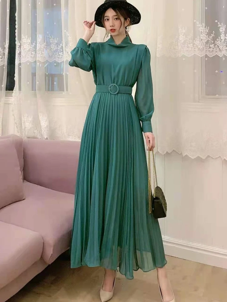 

Шикарное Элегантное Длинное платье в Корейском стиле, женское однотонное подходящее ко всему платье с длинным рукавом, плиссированное шифо...