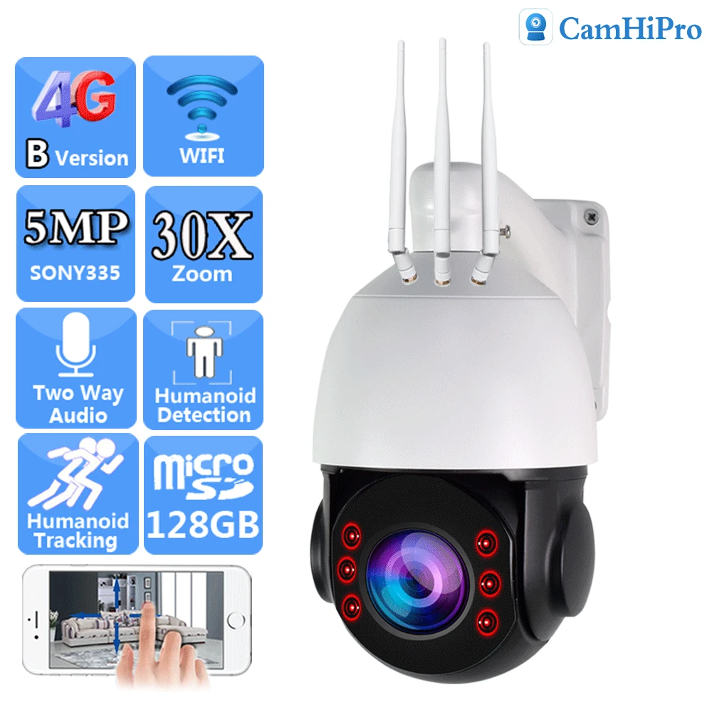 

Беспроводная IP-камера HD 5 Мп 3G 4G SIM-карта Wi-Fi PTZ купольная наружная 30-кратный зум Автофокус отслеживание людей двухстороннее аудио слот для SD-карты
