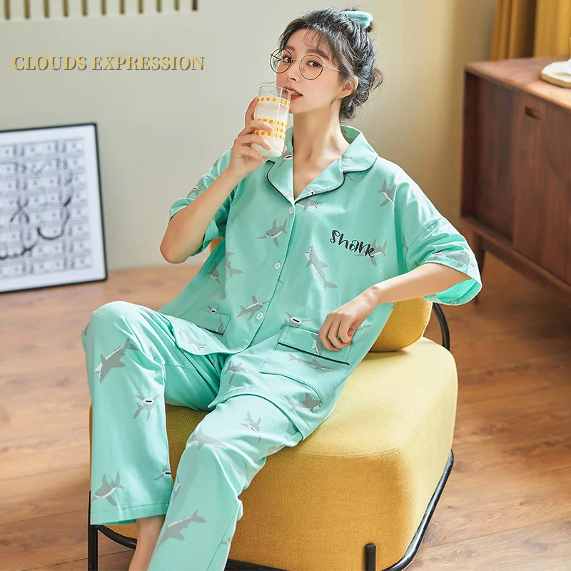 Весенне-Летняя короткая Пижама с мультяшным принтом Женский пижамный комплект