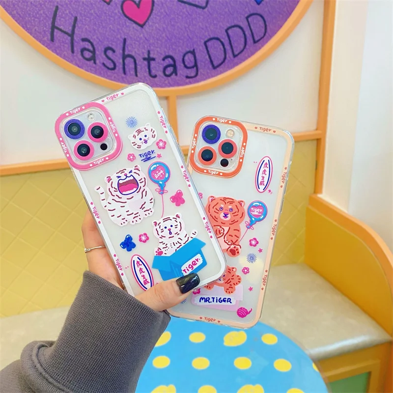 

For iphone 11 12 13 Pro Max XR Xs 7 8 Plus Phone Case New Fashion Angel Eyes Full Edge Protect The Lens Cute Cartoon Tiger Shell