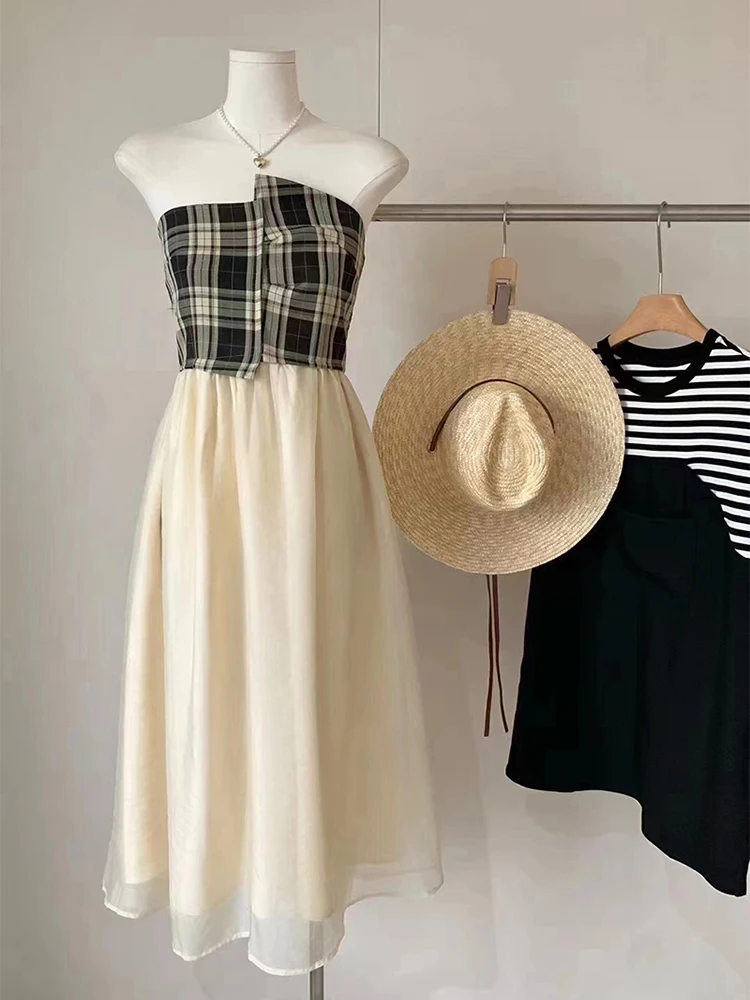 

Summer Vintage Strapless Plaid Patchwork Prom Dress Women 2023 Mid-Long Irregular Design Aesthetic Frocks Party Evening Fashion