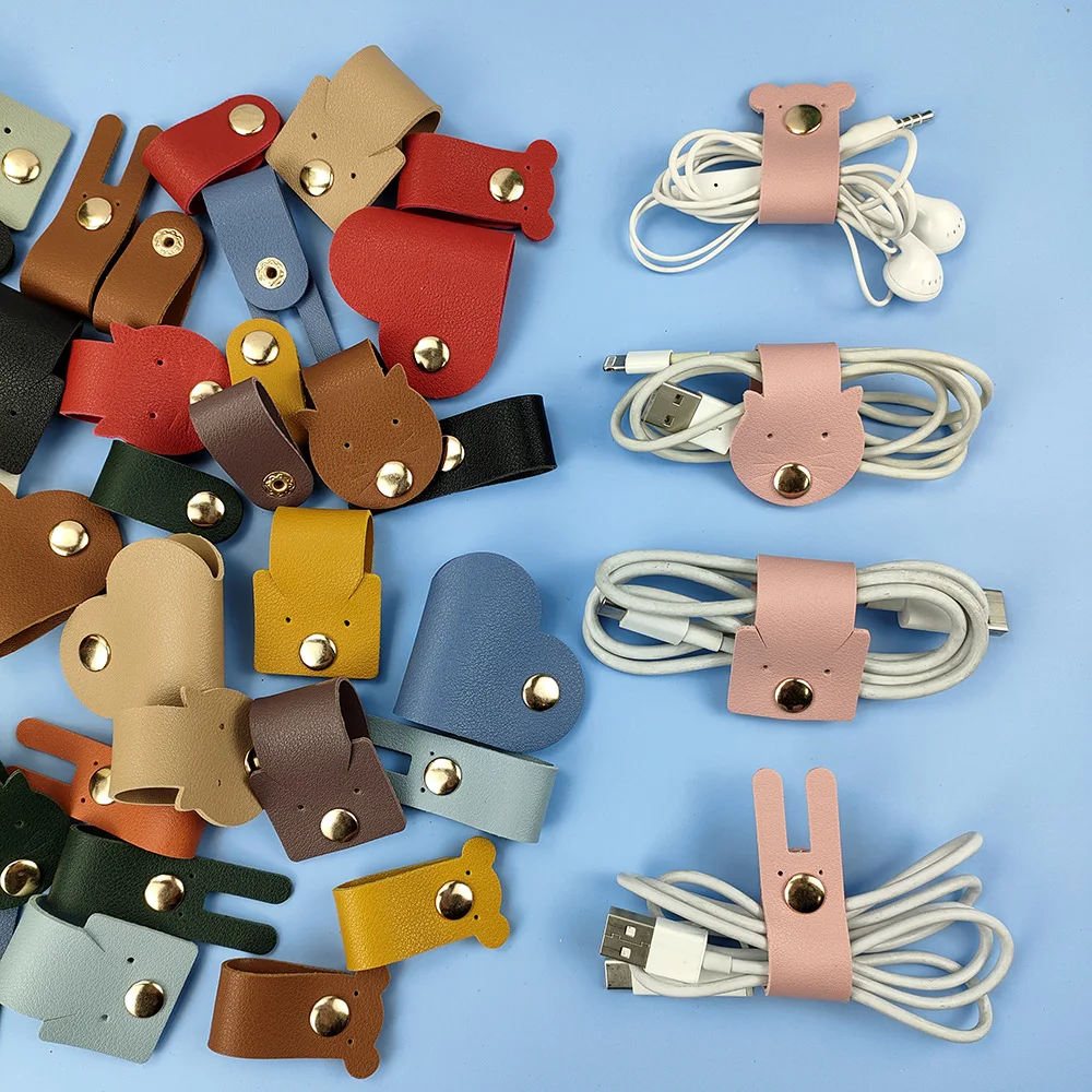 

6PCS Leather Data Cable Storage Buckle Ear Mechanism Wire, Heart, Bear, Cat, Rabbit Shape Cartoon Finishing Reel