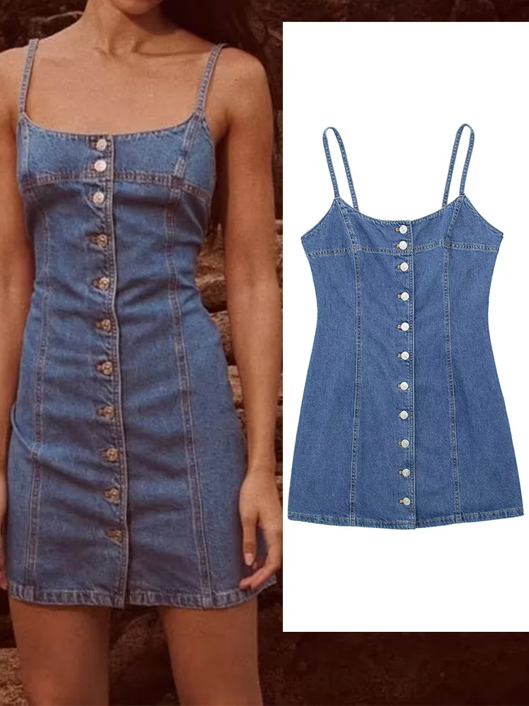 

Женское летнее Мини-Платье-футляр, модные милые джинсовые платья на пуговицах с открытыми плечами, элегантные уличные платья на бретелях, одежда, 2023