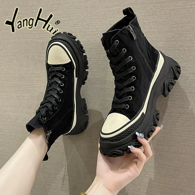 

Platform Bottom Canvas Shoes 2022 New Casual All-match Sports Tooling Style Ankle Modern Boots Women Fashion Spring Autumn
