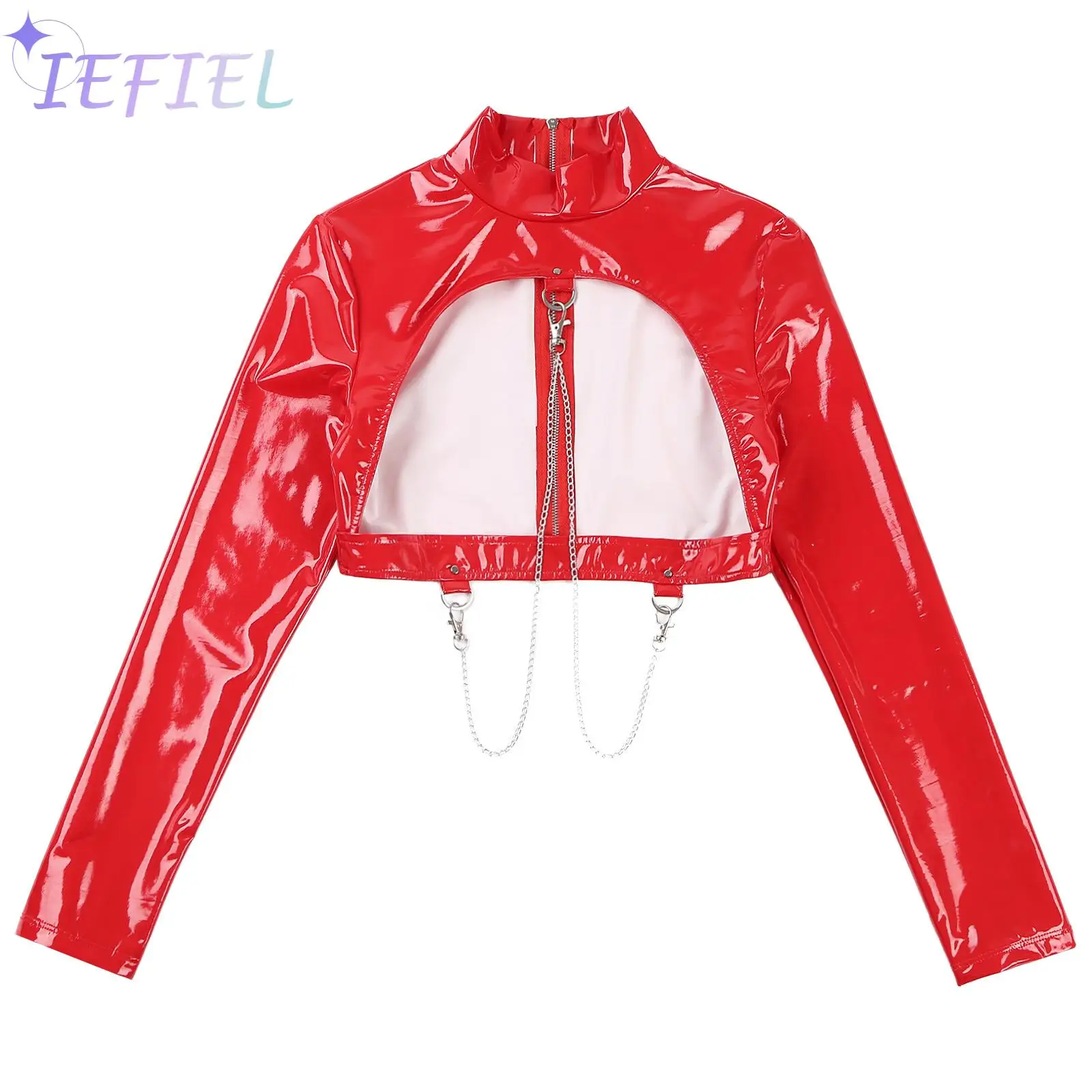 

Женский блестящий топ с открытой грудью, с металлическими цепочками