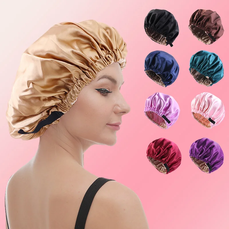 

New Satin Hair Hat Women Round Reversible Springy Adjustable Hair-care Cap Head Cover Sleep Night Cap Hair Styling Accessories