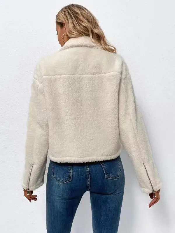 Women Faux Fur Coat Autumn Winter Fashion Casual Zipper Short Jacket Turndown Collar Female Fleece Plush Outerwear