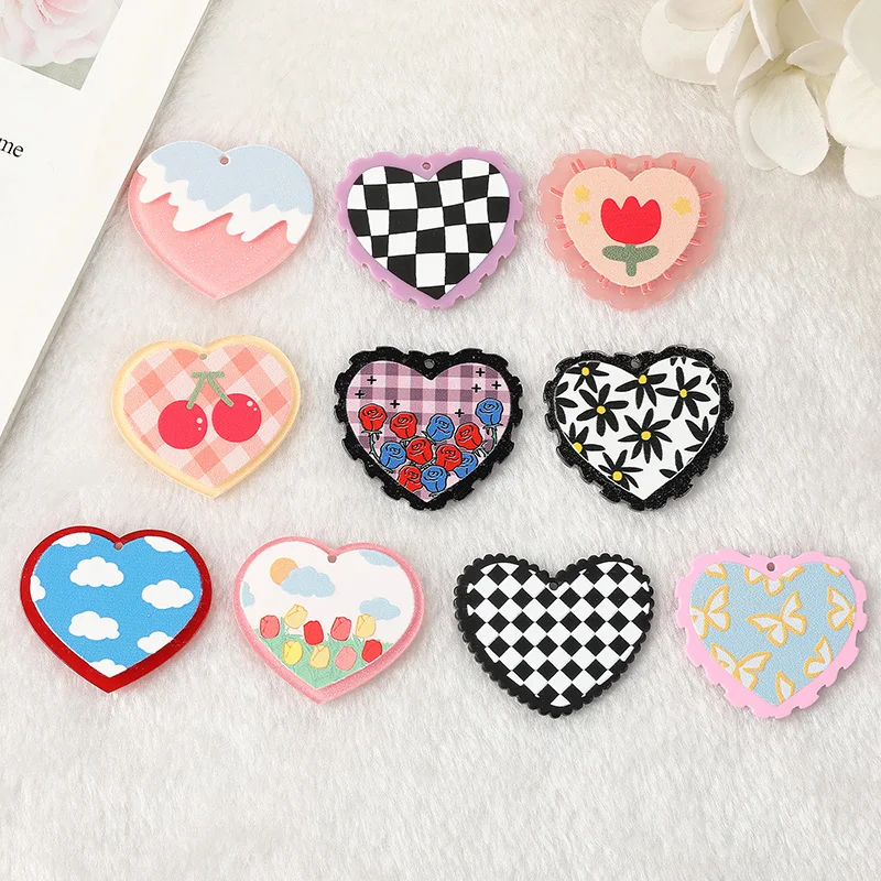 

10 Pcs 38*33mm Acrylic Heart Charms Cute Flower Cherry Butterfly Pendant For Earring Keychain Necklace Diy Making