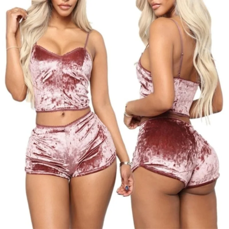 

Женский комплект из 2 предметов, бархатная Пижама, сексуальные шорты на бретельках, Пижамный костюм, женский повседневный комплект для вечеринок, пуловер с эластичной резинкой на талии