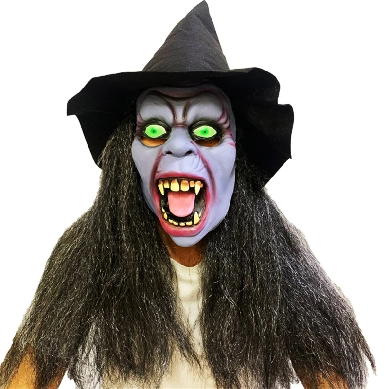 

Old Lady Witch Mask Face Mask with Hair and Witch Hat Scary Horror Halloween Cosplay Costume Latex Mask Headgear