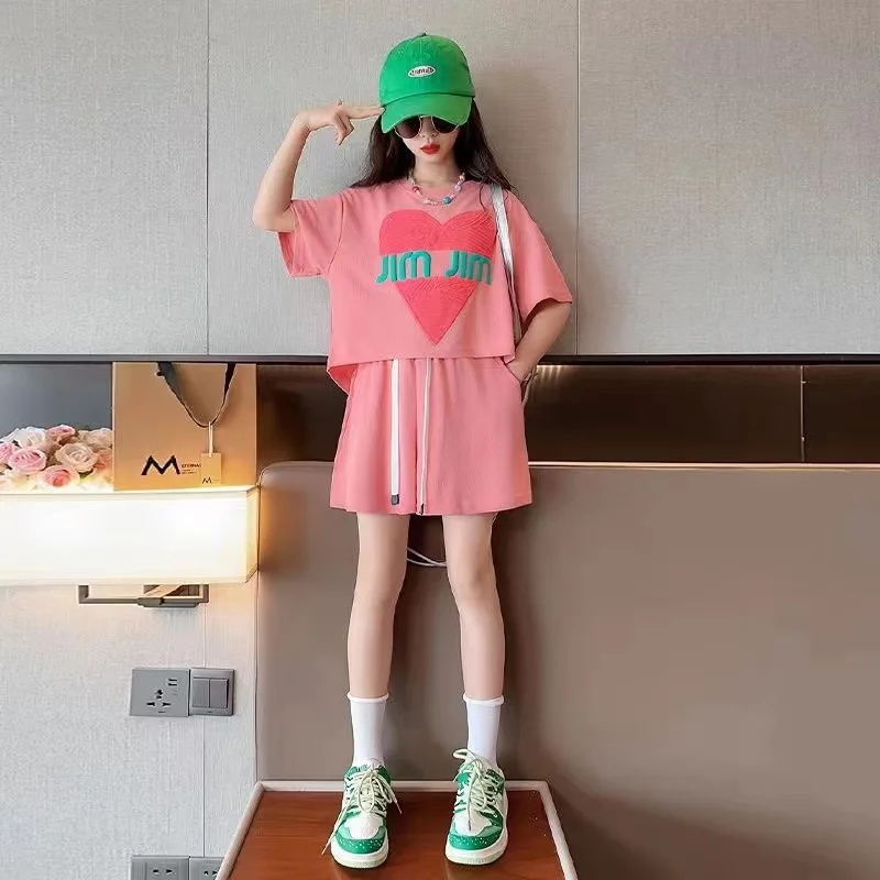 Летний костюм для девочек новинка 2024 Детская футболка с коротким рукавом + шорты