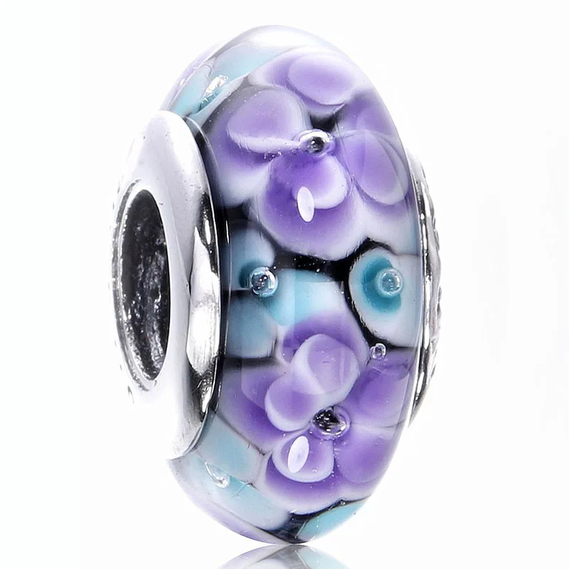 Original Purple White Pink Rose Flower Murano Glass Charms Fit Pandora Bracelet 925 Sterling Silver Glass Bead Jewelry images - 6