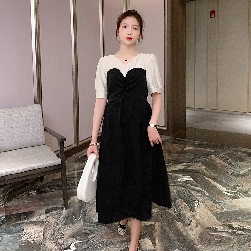 

7047# Summer Korean Fashion Patchwork Maternity Long Party Dress Chic Ins OL Work Clothes for Pregnant Women Pregnancy A Line