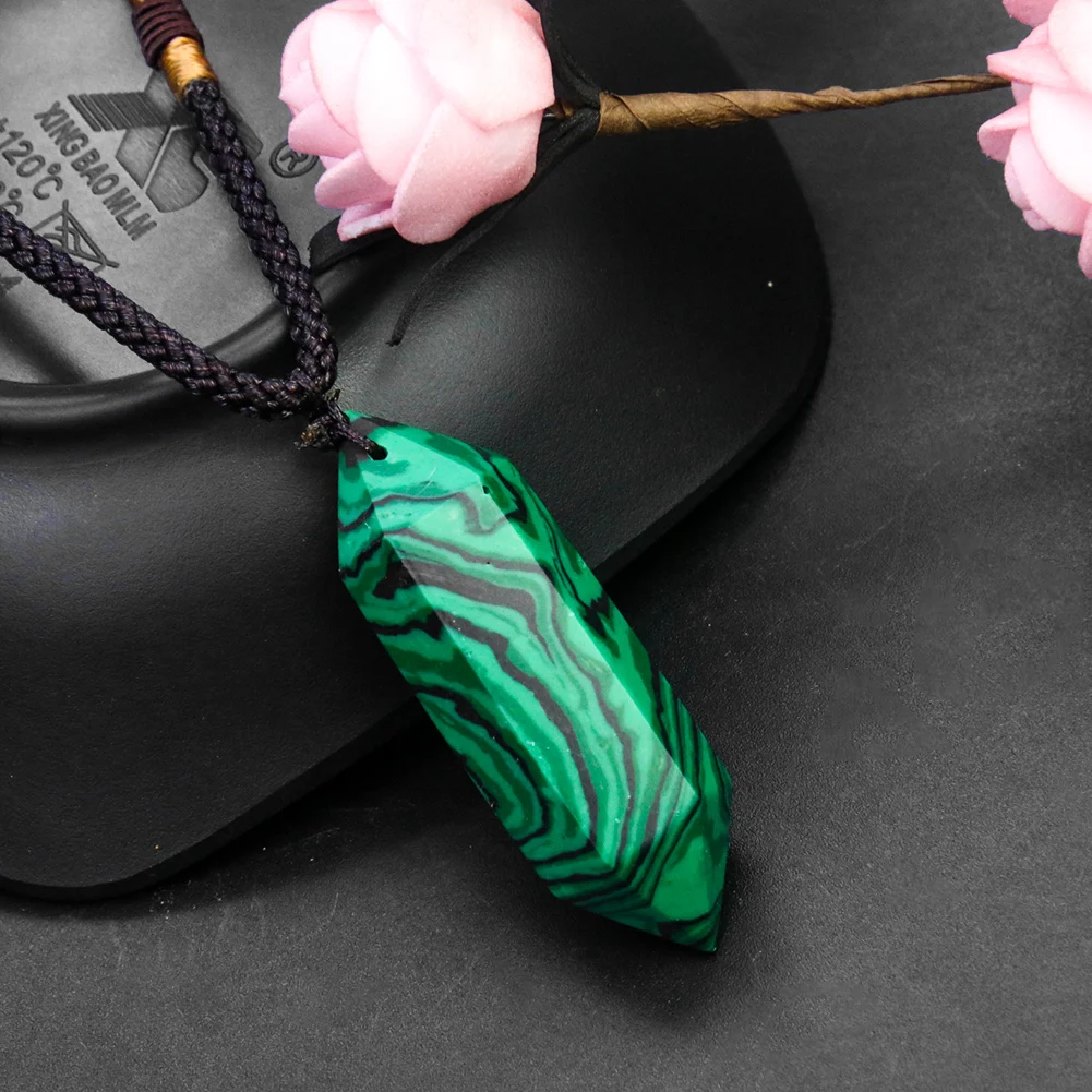 

Natural Malachite Double Point Necklace Energy Green Stone Hexagonal Prisms Pendant Chakra Healing Meditation Woman Jewelry Gift