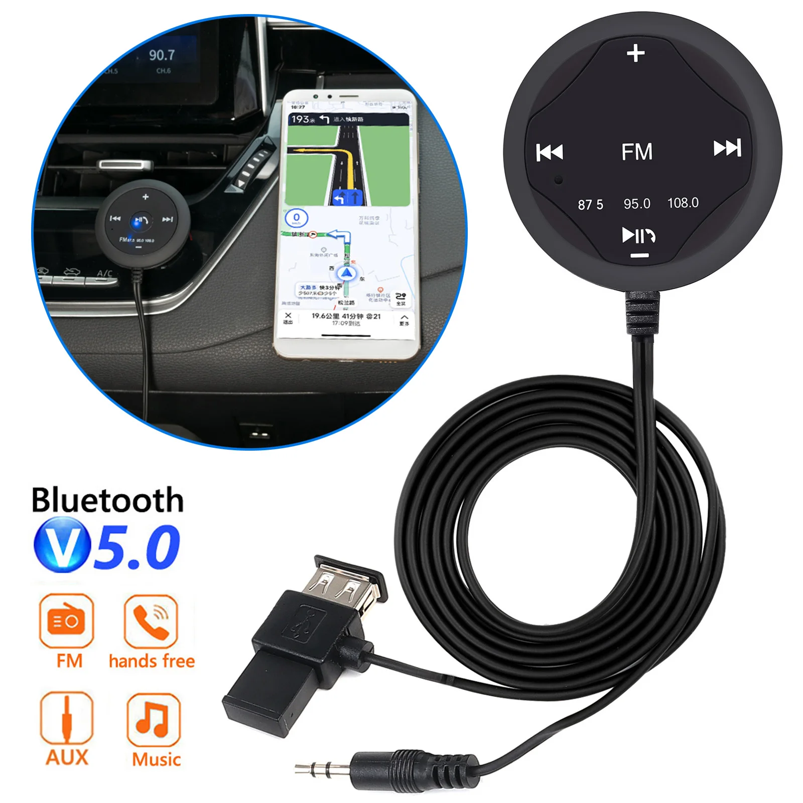 Hands-free Car Bluetooth compaitable 5.0 BT TO FM Transmitter AUX Kit MP3 Player Audio Receiver Stereo Adapter Accessories