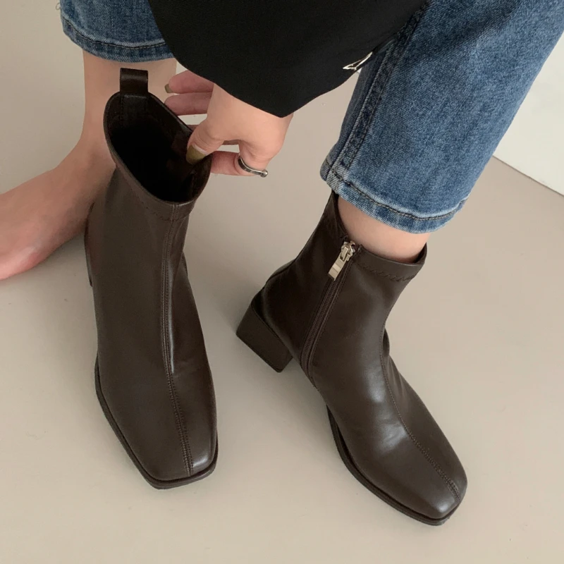 

2022 Autumn British Style Ankle Boots Women west cowboy Chimney pipe Boots Square Toe Low Heel Casual Botas Mujer Shoes Lady