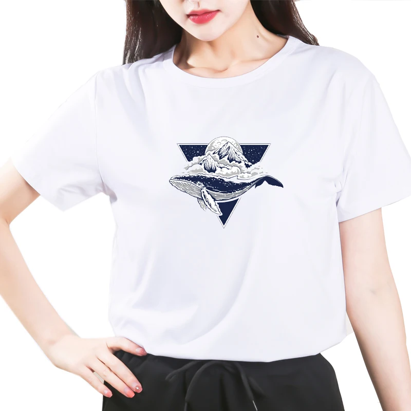 

cute watercolor blue Jupming Whale T Shirt Women summer new white Short Sleeve o-neck soft casual tshirt no glue print