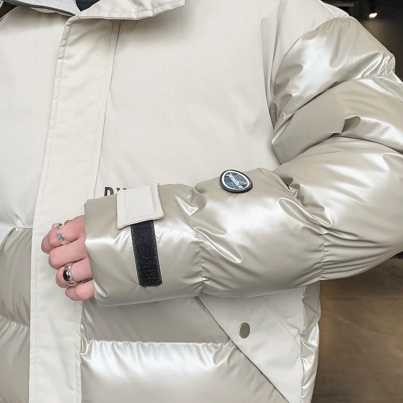 2022 Winter Nieuwe Streetwear Glossy Mannen Hooded Parka Koreaanse Mode Patchwork Big Pocket Glimmende Jas Man
