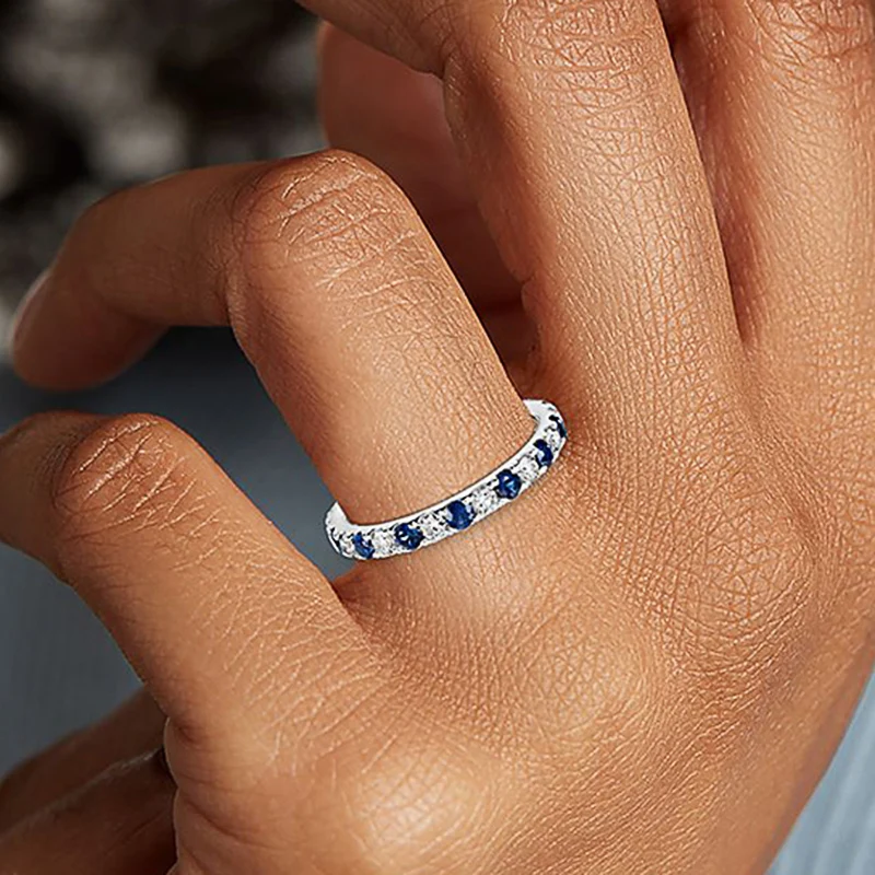 

Huitan Round Thin Rings with Blue/White CZ Stone for Women Simple Stylish Accessories Daily Wear Exquisite Girls Rings Jewelry