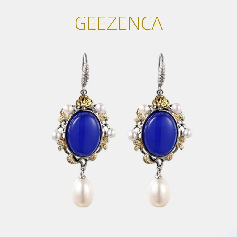 

Серьги-подвески GEEZENCA женские из серебра 925 пробы с голубым агатом и жемчугом из циркония, винтажные Роскошные висячие серьги в Королевском Стиле, новинка 2023