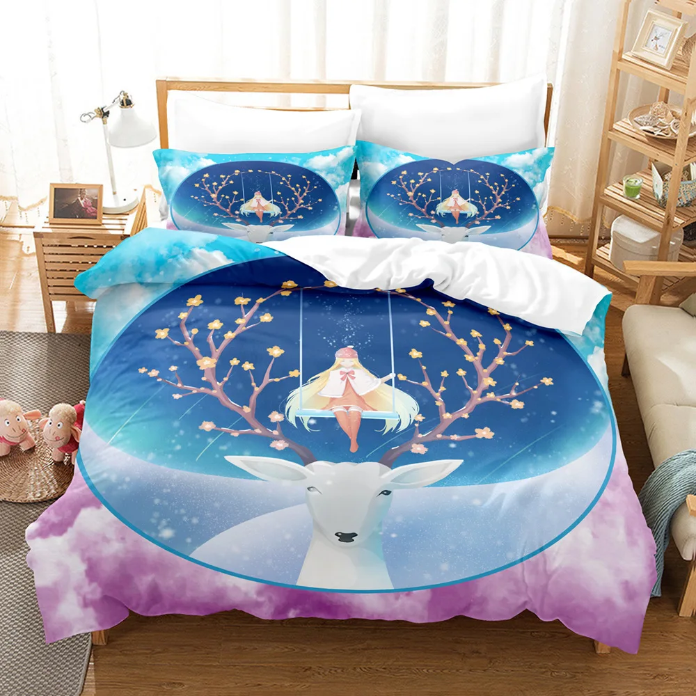 

Deer Print Duvet Cover King Queen 3d Cartoon Elk Wild Animal with Colourful Background Polyester Quilt Cover for Kids Boys Teens
