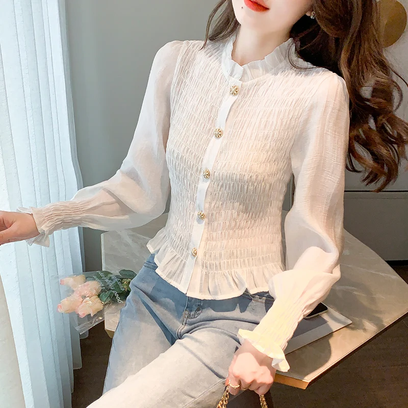 

COIGARSAM Shirt Womens Tops Spring New Long Sleeve Solid Single Breasted Turtleneck Straight Apricot White Women Shirts
