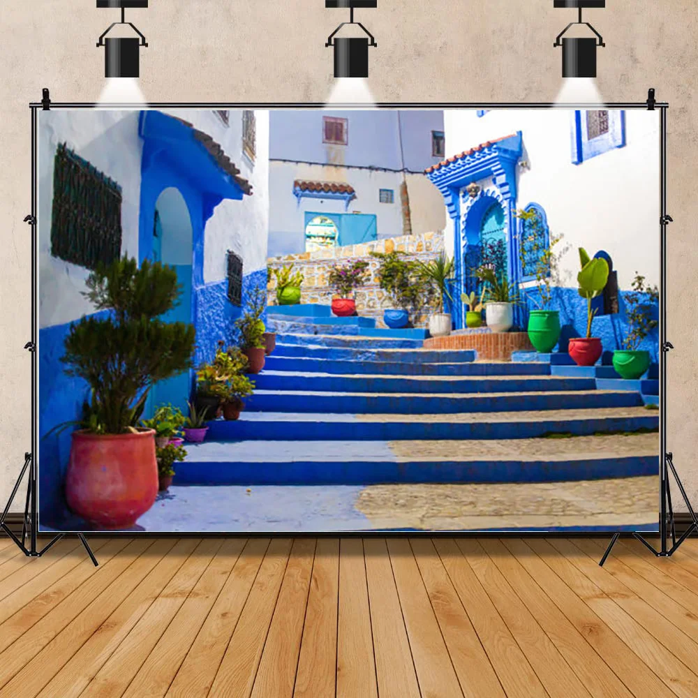 

Santorini Greek Aegean Sea Holiday Party Decoration Bay Town Architecture Flowers Stairs Photography Background XZ-11