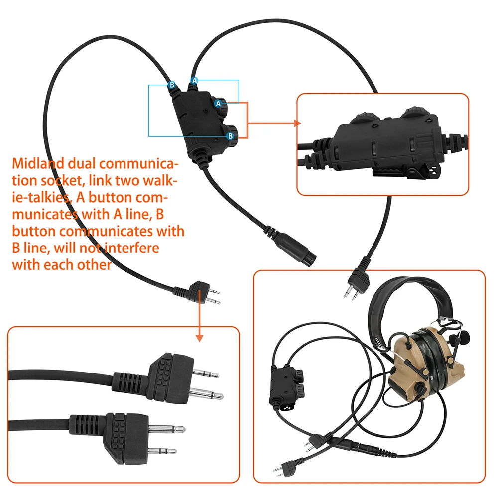 Tactical Military PTT RAC PTT Dual COMM Midland plug Tactical Headset Adapter for PELTOR COMTAC / MAS Sordin Shooting Headphones