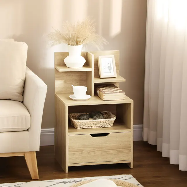 Mesitas De Noche Pequeñas HOMCOM Mesita De Noche Mesilla De Noche Con 2 Cajones Y Patas De Metal Estilo Moderno Para Dormitorio Salón Oficina 48x39,5x60 Cm Natural Mesita Noche Infantil