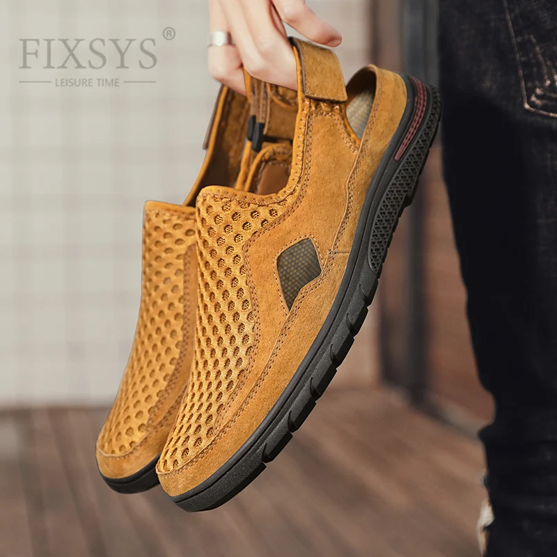 

FIXSYS Summer Men Shoes Mesh Breathable Sneakers Hollow Street Walking Shoes Handmade Slip on Casual Loafers Outdoor Sport Shoes