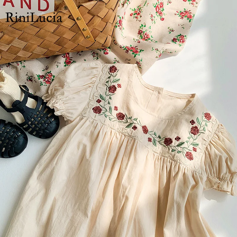 

RiniLucia Sweet Baby Girls Print Dresses 2023 New Clothes Kids Summer Dress Short Sleeve Floral Embroidery Children Party Dress