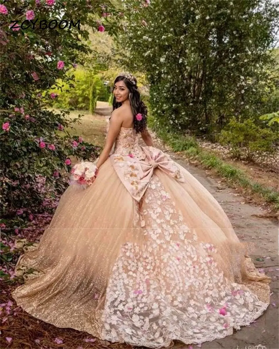 2022 Champagne Quinceanera Dresses Off The Shoulder Backless Bow Formal Ball Gown Beading Party Dresses vestido de 15 años