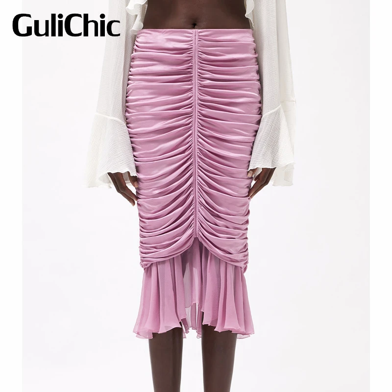 

7.7 GuliChic Women Elegant Sweet Ruffle Patchwork Ruched Slim Package Hip High Waist Pencil Skirt