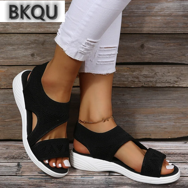 

New Women Sandals Fashion Fly Woven Mesh Fish Mouth Wedge Casual Shoes Slip-on Light Comfortable Beach Shoes Sandália Flip Flop