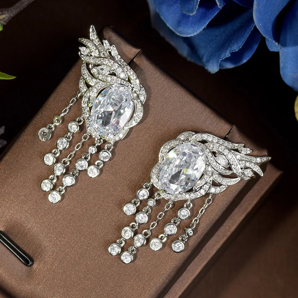 

HIBRIDE Tassel Drop Cubic Zircon Statement Drop Earrings For Women Wedding DUBAI Bridal Round Circle Dangle Earring E-612