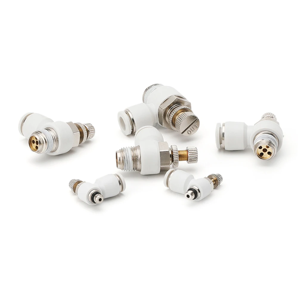 White M5 1/8" 1/4" 3/8" 1/2" BSPT Male x 4/6/8/10/12mm OD Tube Pneumatic Qucik Air Flow Speed Controller Throttle Valve