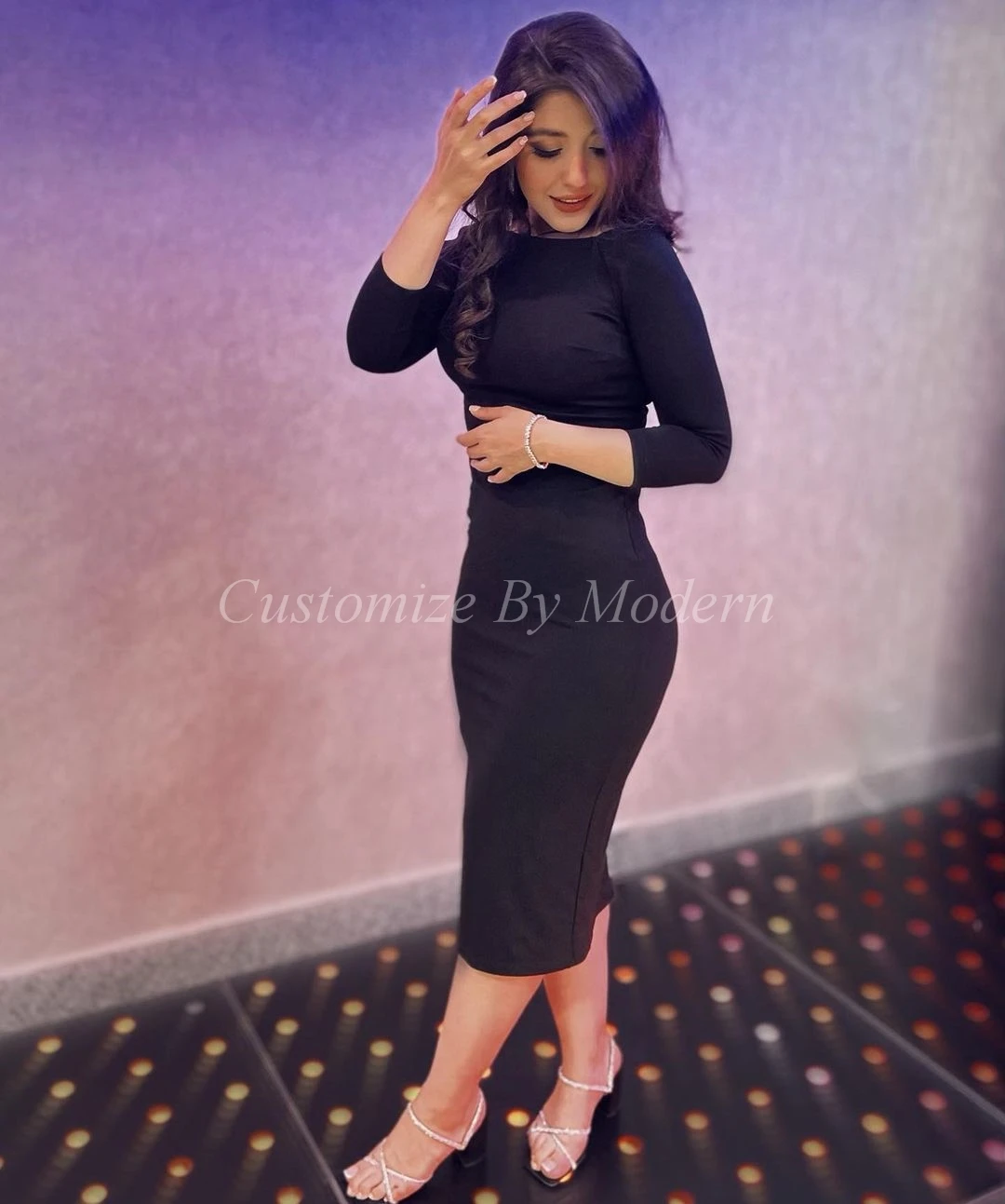 

Mermaid Black Spandex Prom Dresses Long Sleeves O-Neck Tea Length Saudi Arabia Women Evening Party Dress