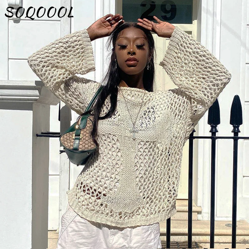 

Hollow Out Knitted Sweater Women Long Sleeve T Shirts Loose Summer See Through O Neck Black Y2K Pullover Tops Fairy Grunge 90s