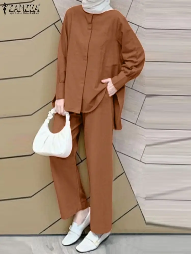 ZANZEA Eid Mubarek Muslim Sets Women Fashion Urban Tracksuit Long Sleeve Buttons Up Tops Loose Trouser Party Islamic Clothing