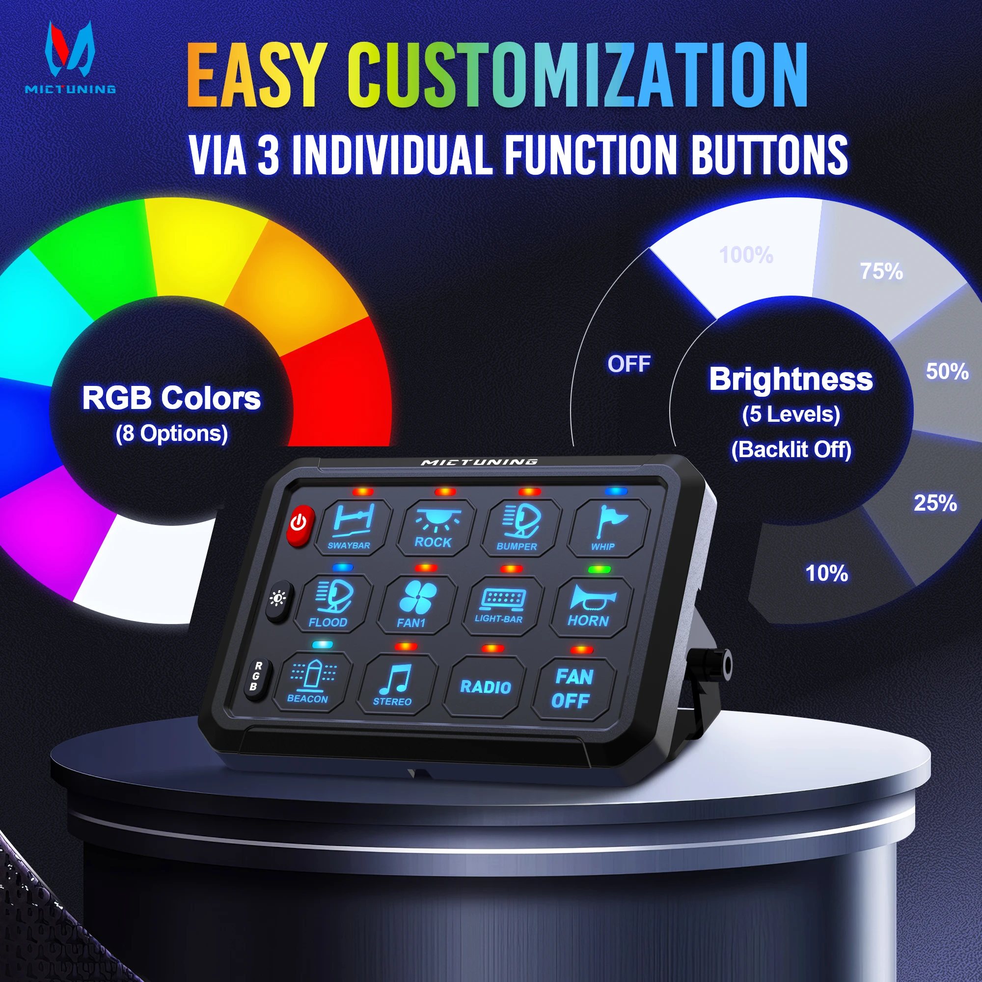 MICTUNING Новый P1B RGB 5-дюймовый 12-клавишный переключатель 5-уровневая схема управления