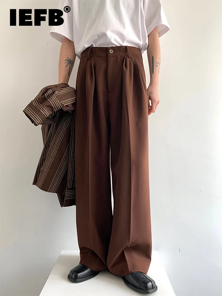 

IEFB Casual Men's Suit Pants Straight Solid Color Wide Leg Design 2023 New Korean Fashion Loose Simple Pleated Trousers 9A2316