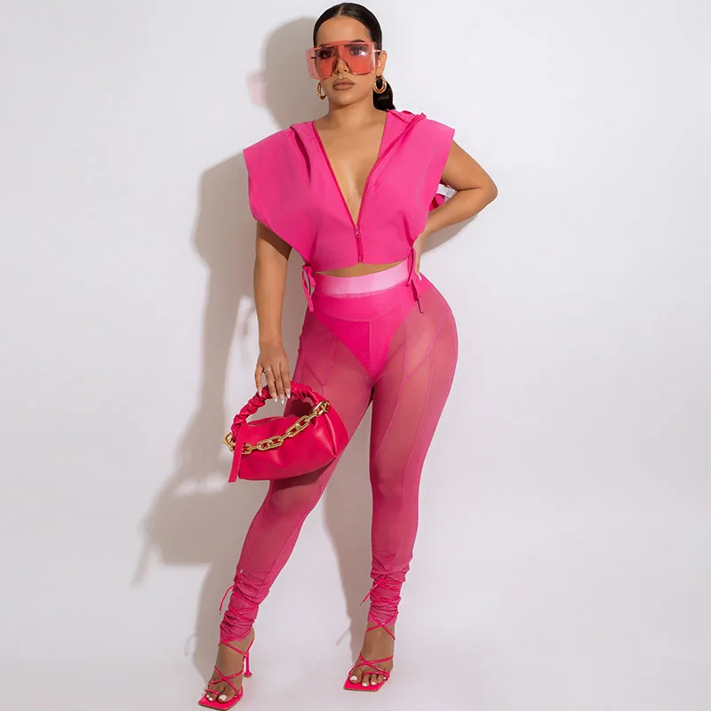 

Sexy 2 Piece Sets Womens Outfits Summer Clothes for Women Hooded Crop Top Mesh Sheer Leggings Matching Sets Club Outfits Trendy