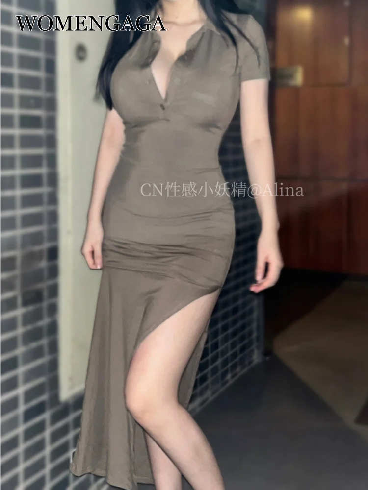 

Женское длинное вязаное платье-макси, пикантное облегающее однобортное платье с глубоким вырезом и разрезом, E1JU