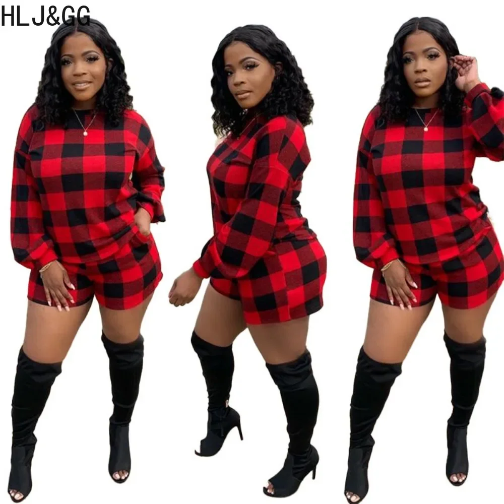 

HLJ&GG Black Red Autumn Casual Plaid Printing Shorts Sets Women Round Neck Long Sleeve Top + Shorts Two Piece Outfits Tracksuits