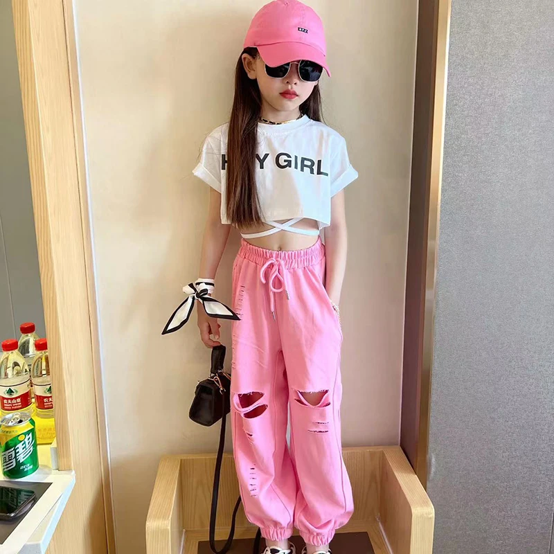 Summer Girls 2 Pcs Set Toddler Crop Top Or Pants Kids Tracksuits For Baby Children Streetwear Clothes Bandage Hole Cotton 4-13Y