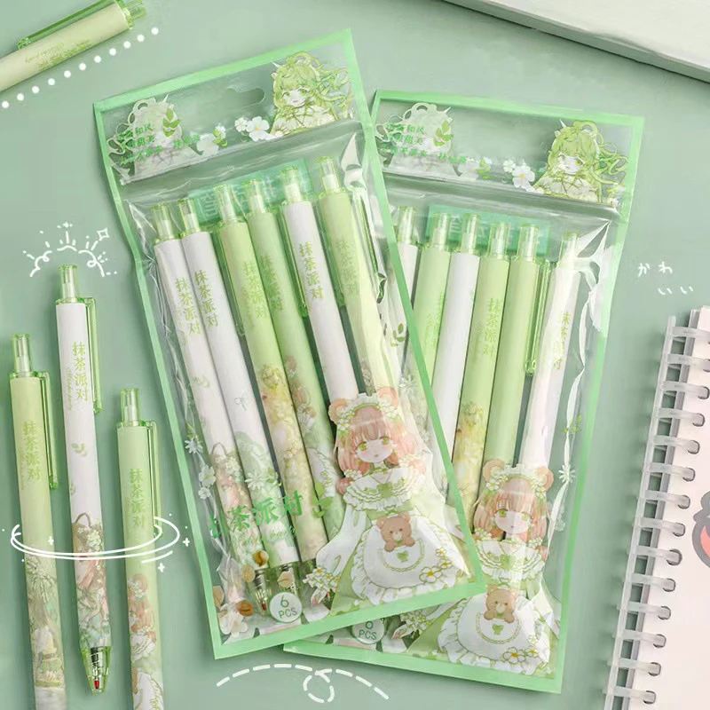 

6pcs 0.5mm Gel Pen Creative Matcha Green Neutral Ink Pen Children Cute Press Pen Gift School Office Writing Supplies Stationery